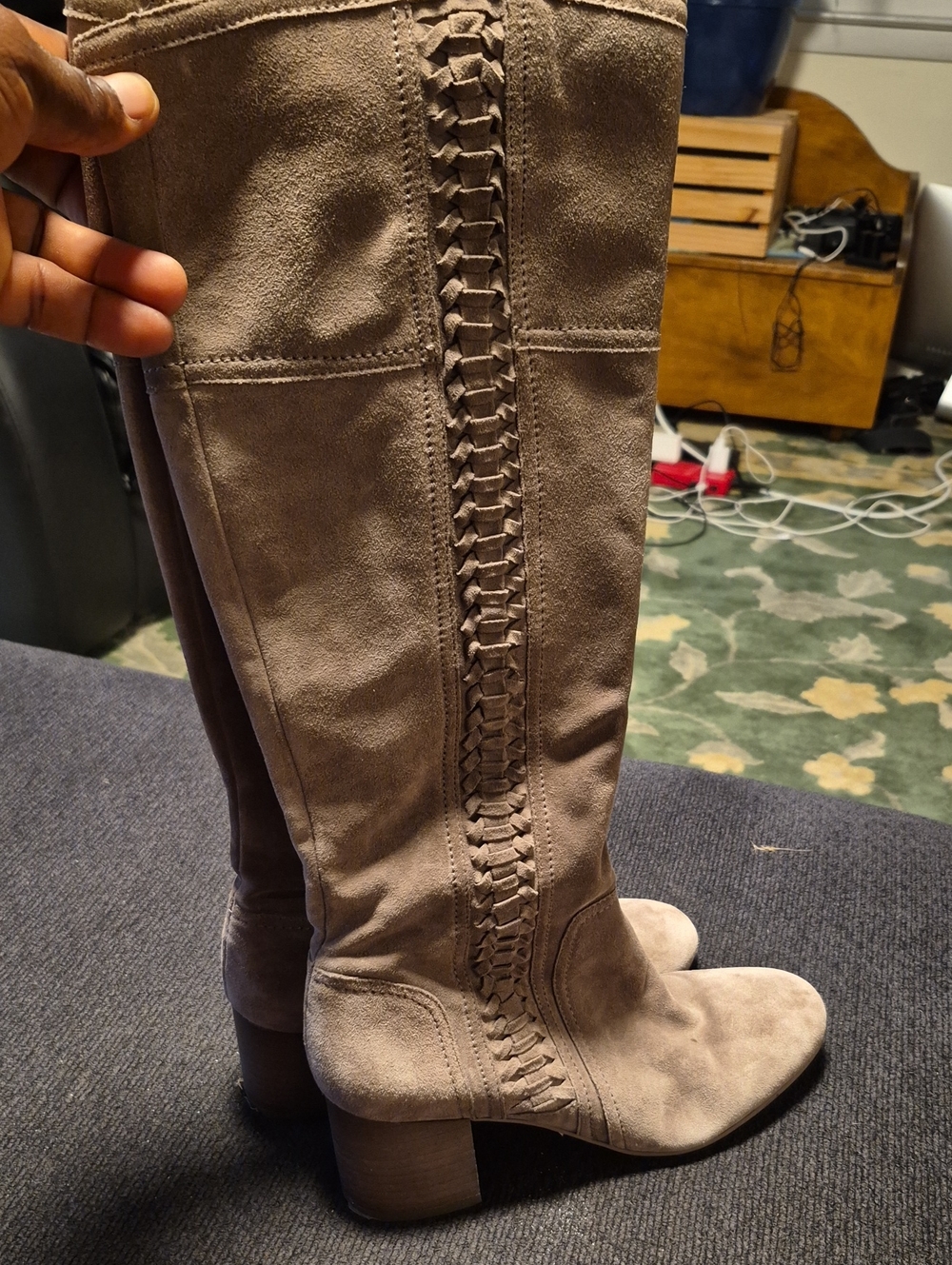 Franco Sarto Taupe Suede Over-the-Knee Boots with Braided Panel